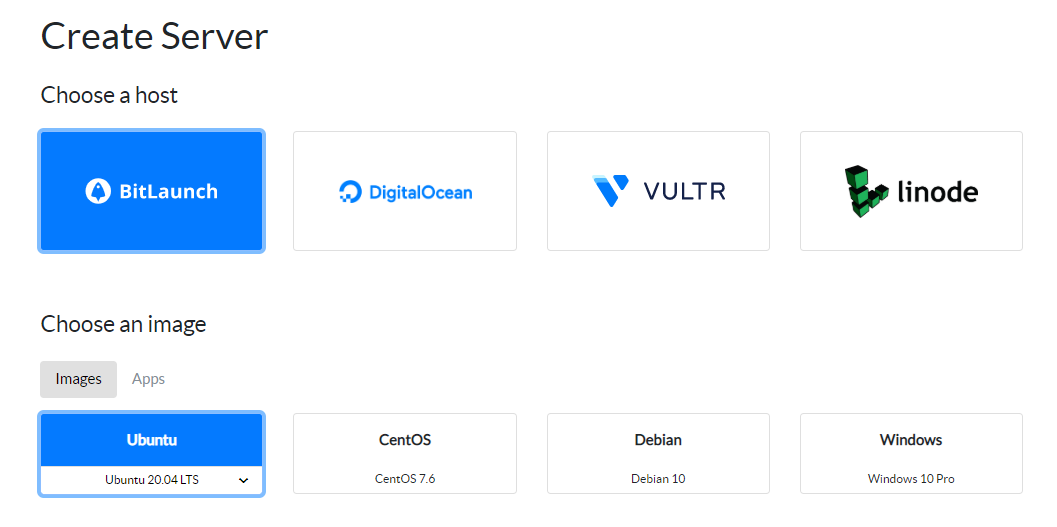 BitLaunch's server creation screen