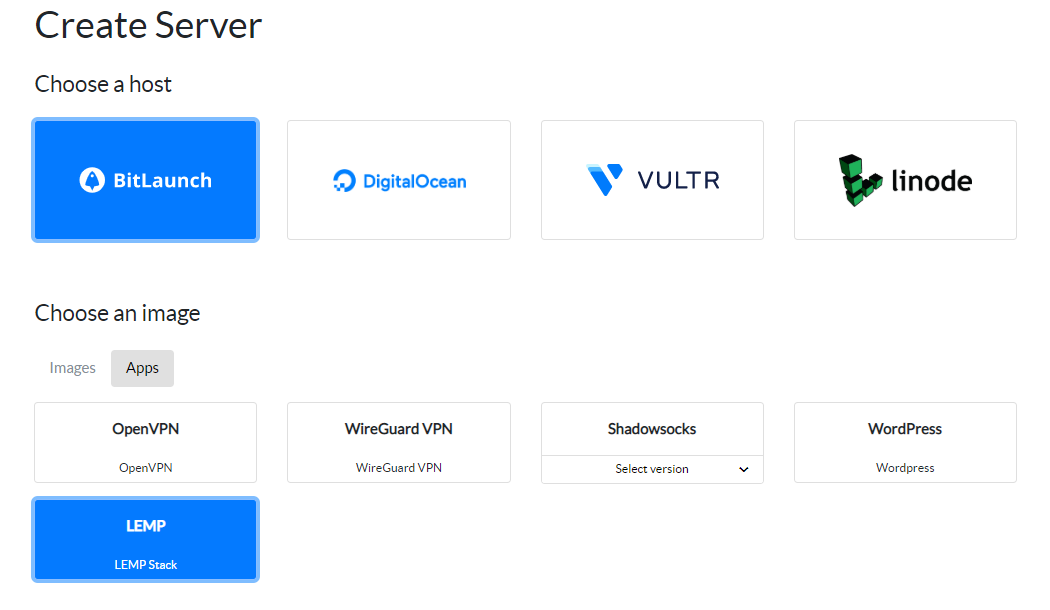 The server creation scene in the BitLaunch control panel.