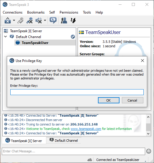The teamspeak privilege key interface