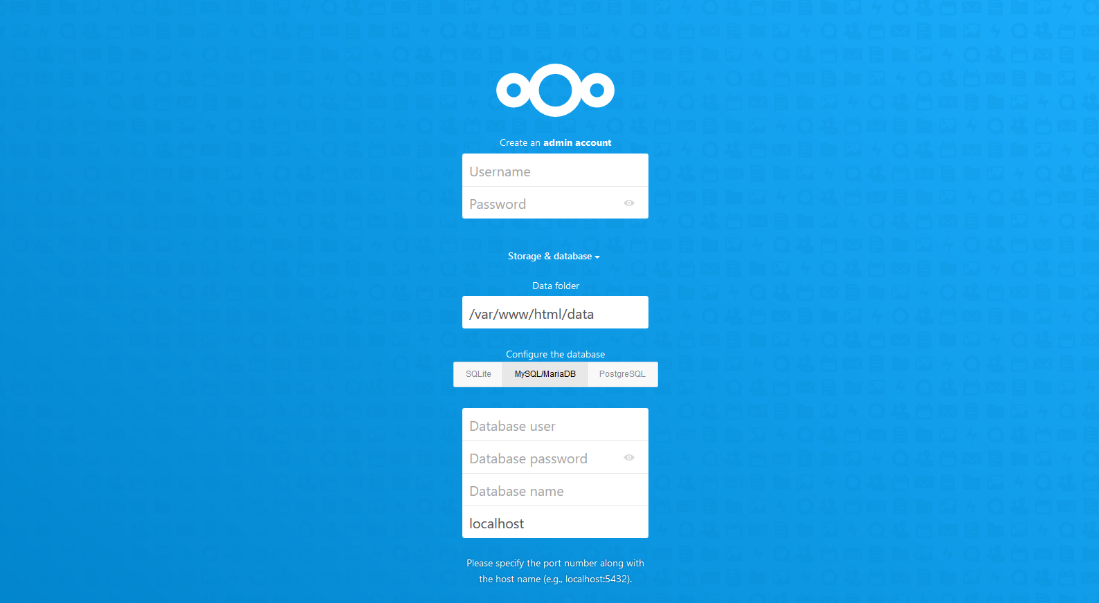 nextcloud setup screen