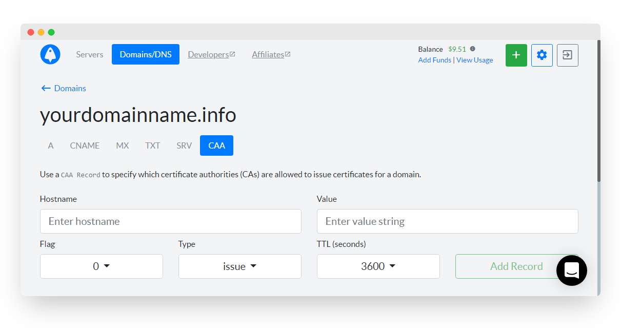 New: Balance depletion indicator and SRV + CAA DNS records