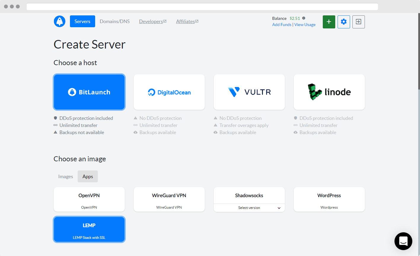 The Bitlaunch control panel with one-click LEMP app selected